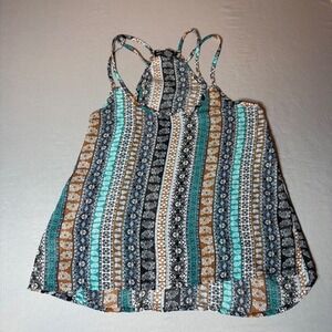 American Dream Womens Boho Paisley Striped Cami Tank Top Teal Brown Medium